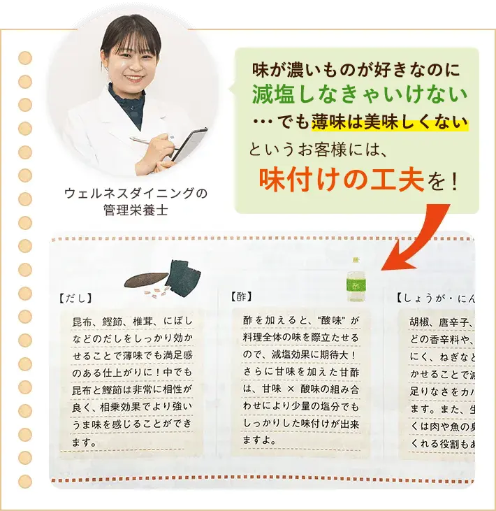 味が濃いものが好きなのに減塩しなきゃいけない…でも薄味は美味しくない というお客様には、味付けの工夫を！