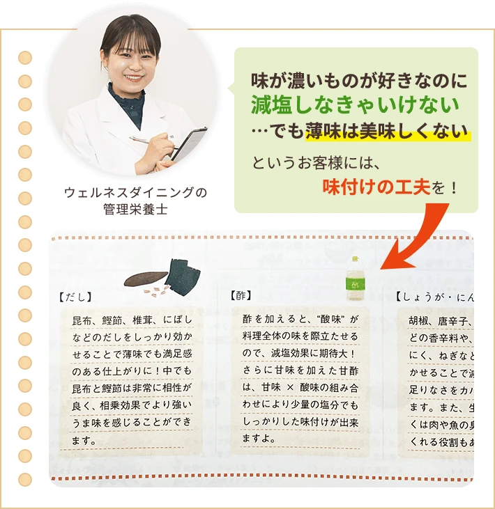 味が濃いものが好きなのに減塩しなきゃいけない…でも薄味は美味しくない というお客様には、味付けの工夫を！