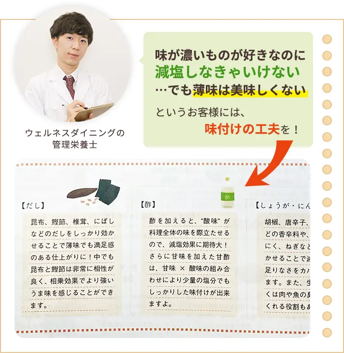 味が濃いものが好きなのに減塩しなきゃいけない…でも薄味は美味しくない というお客様には、味付けの工夫を！
